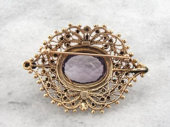 Amethyst in Seed Pearl and Filigree Frame, Pin or Pendant