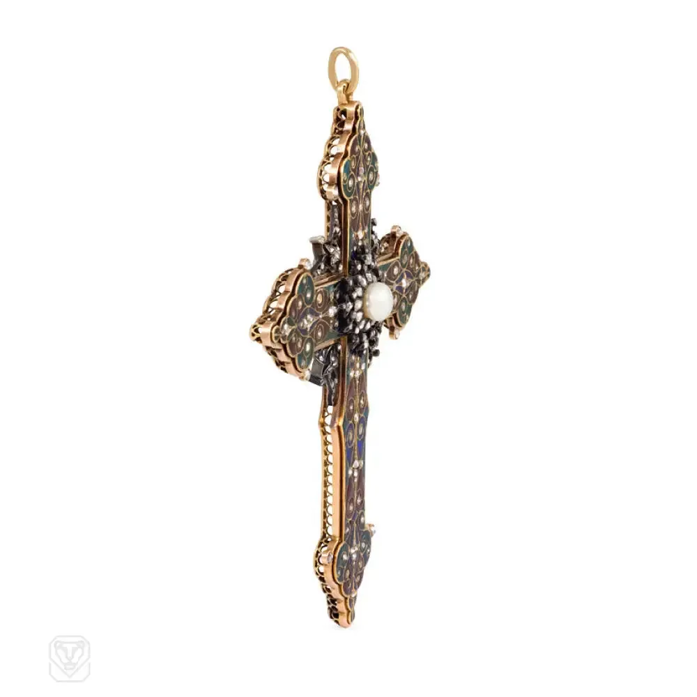 Antique enamel, rose diamond, and pearl cross pendant