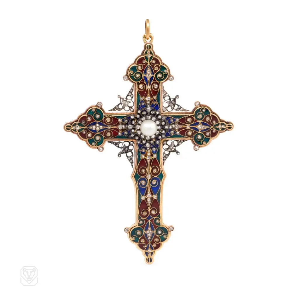 Antique enamel, rose diamond, and pearl cross pendant