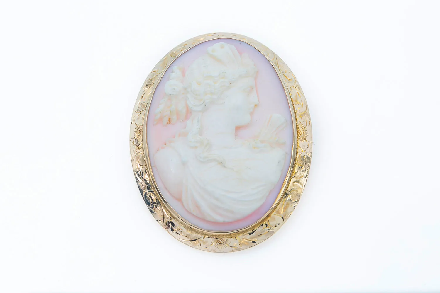 Antique Pink Shell Cameo Large Brooch 14k 585 Yellow Gold Greek Goddess Carving