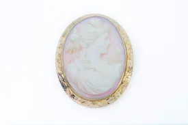 Antique Pink Shell Cameo Large Brooch 14k 585 Yellow Gold Greek Goddess Carving