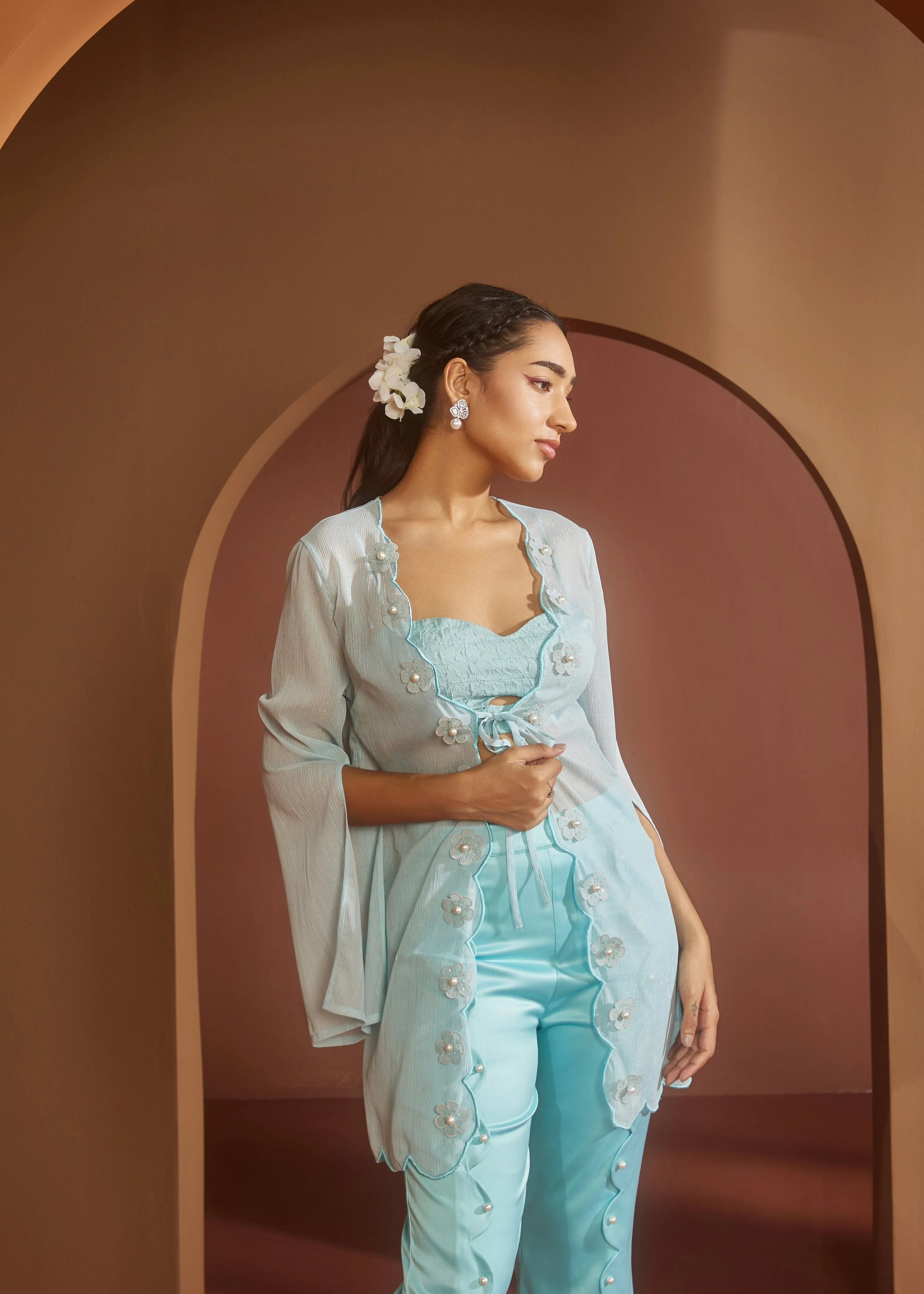 Arika Blue Pearl Embroidered Coord Set