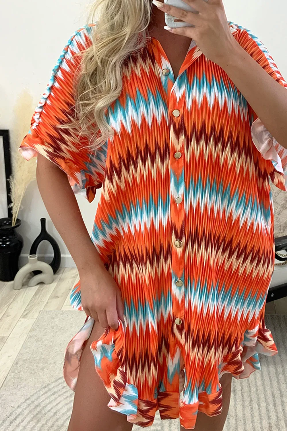 Ariya Orange Zig Zag Print Plisse Pleated Frill Hem Shirt Dress