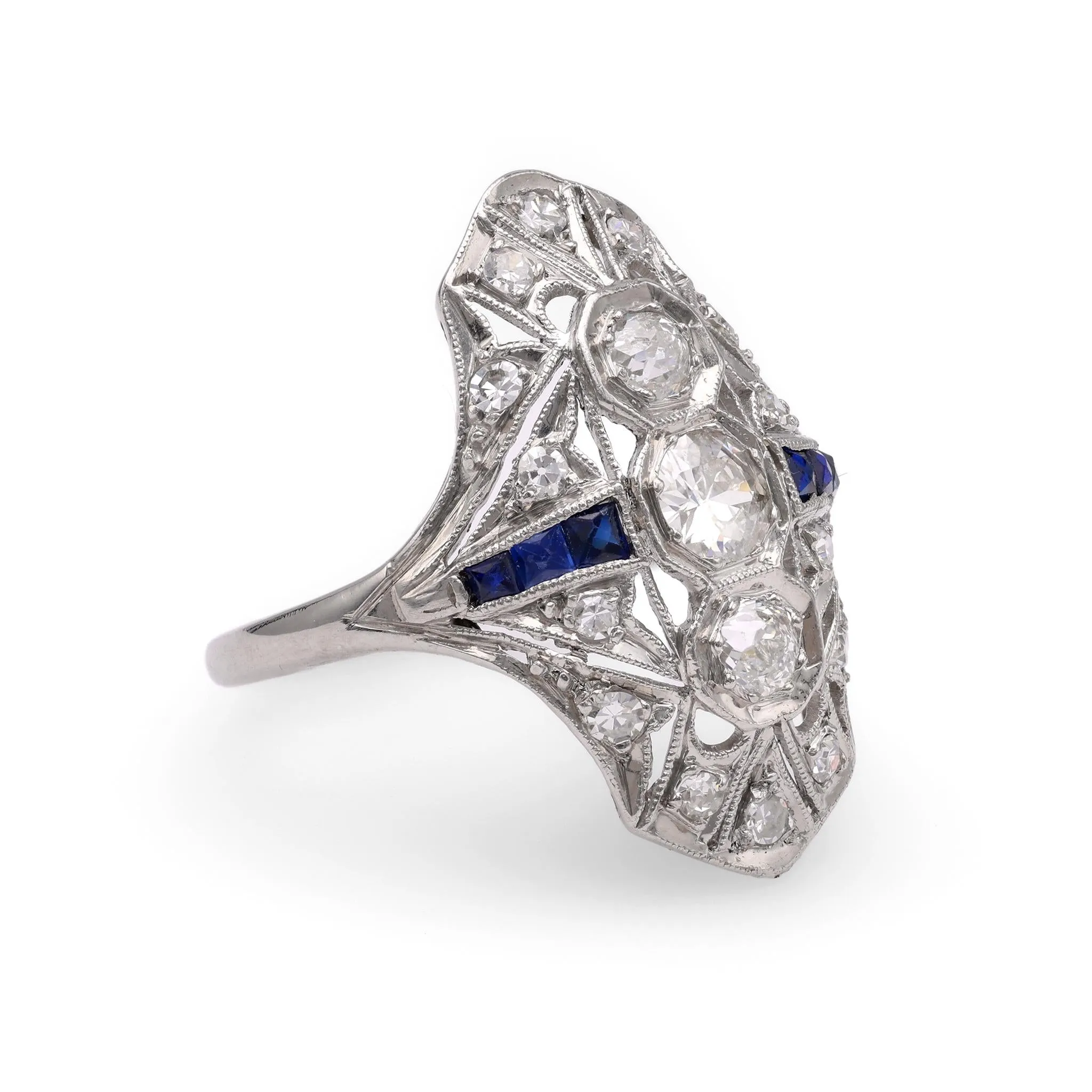 Art Deco Diamond Sapphire Platinum Navette Ring