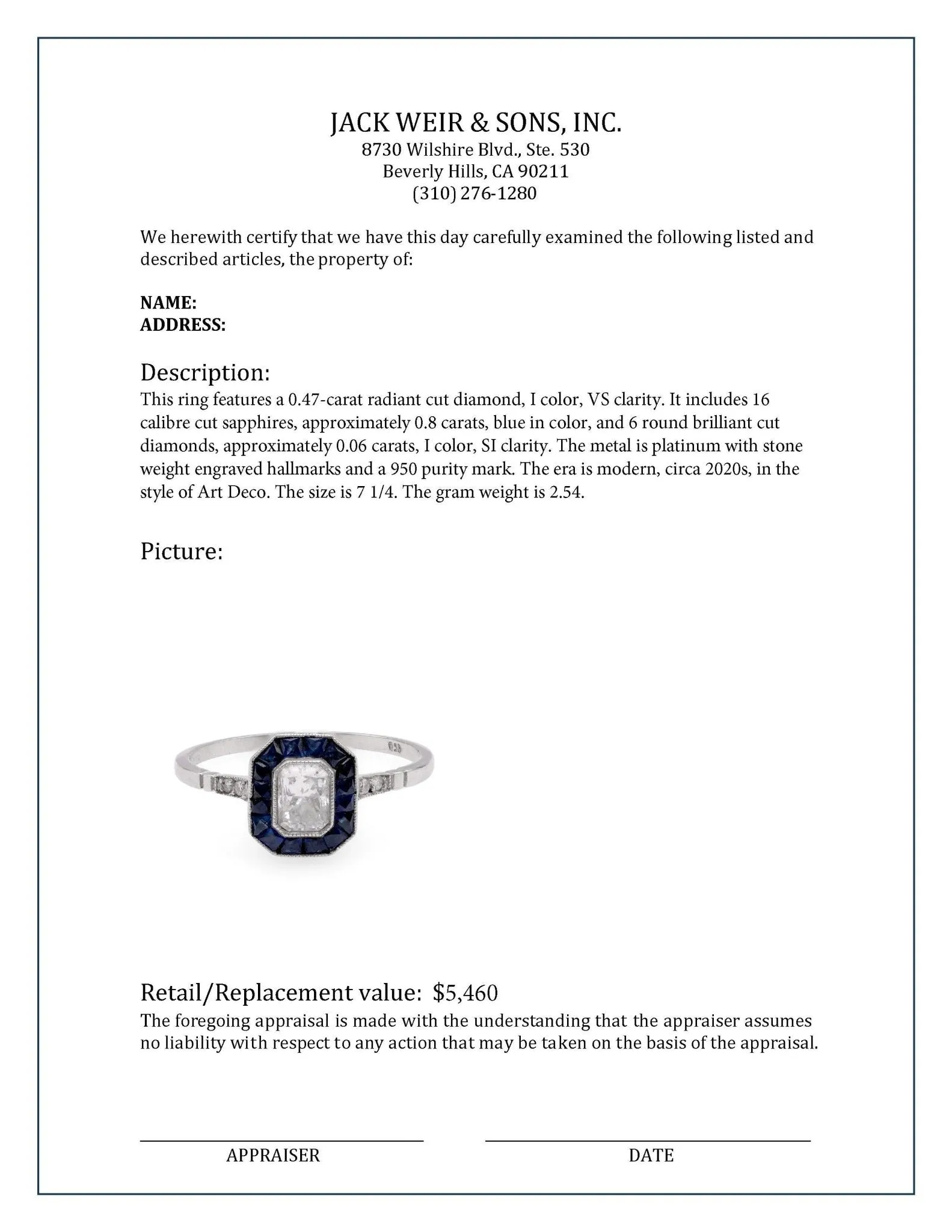 Art Deco Inspired .47 Carat Diamond Sapphire Platinum Ring