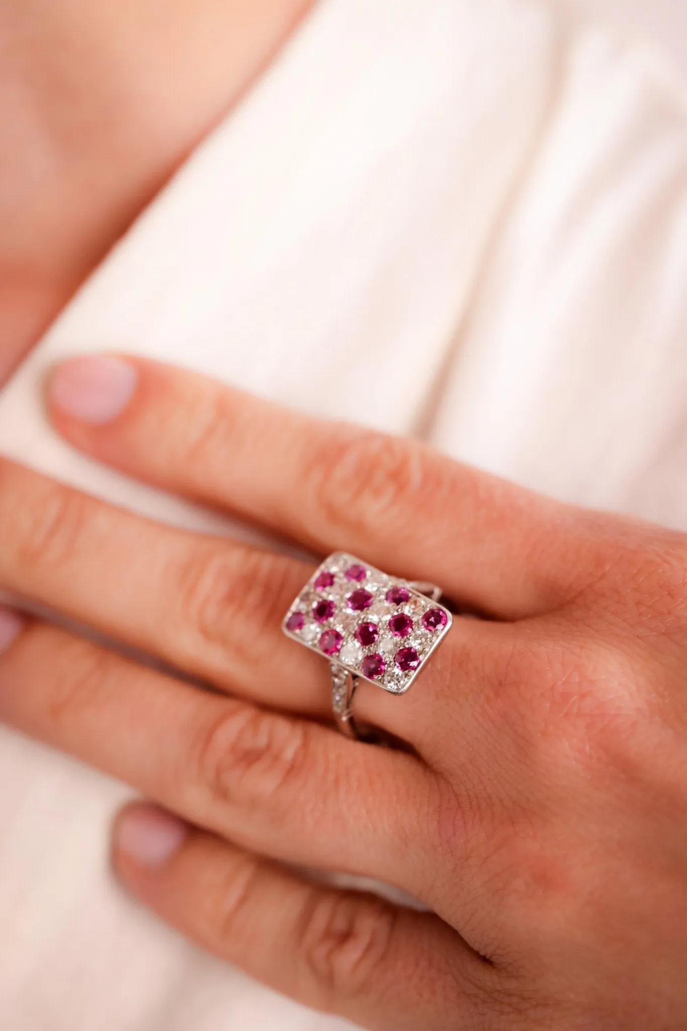 Art Deco Inspired Ruby Diamond Platinum Checkerboard Ring