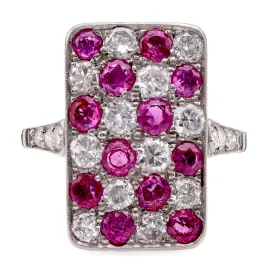 Art Deco Inspired Ruby Diamond Platinum Checkerboard Ring