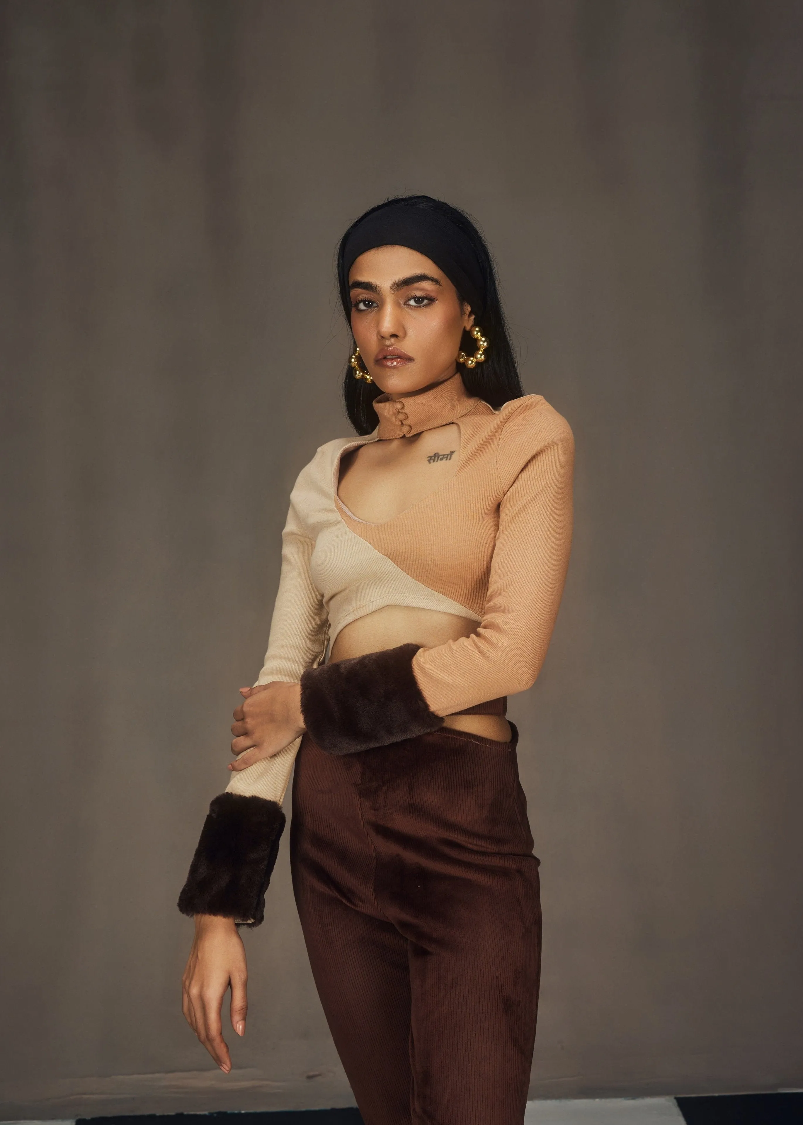 Autumn Turtle Neck Cutout Crop Top and Textured Velvet Pants Set