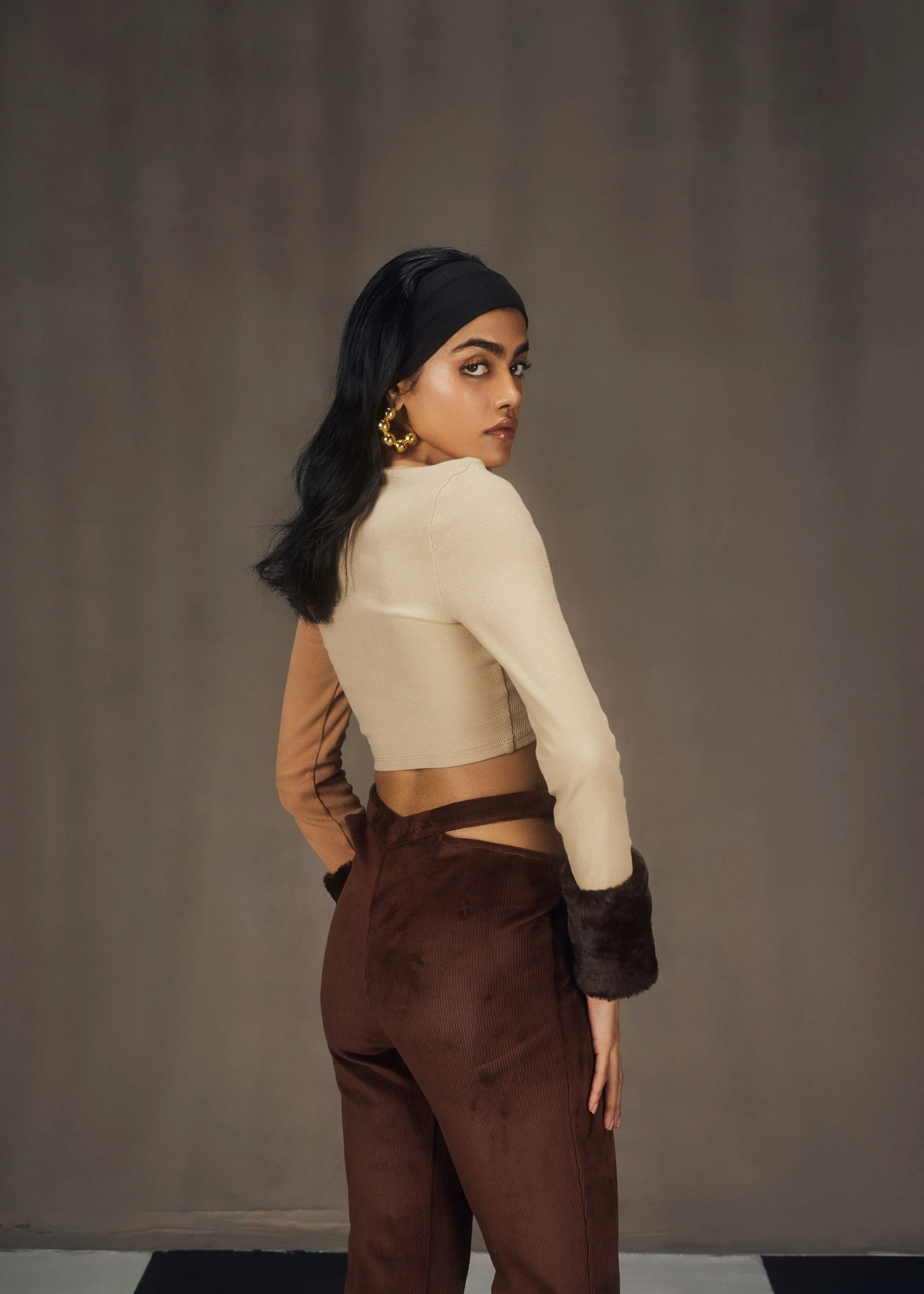 Autumn Turtle Neck Cutout Crop Top and Textured Velvet Pants Set