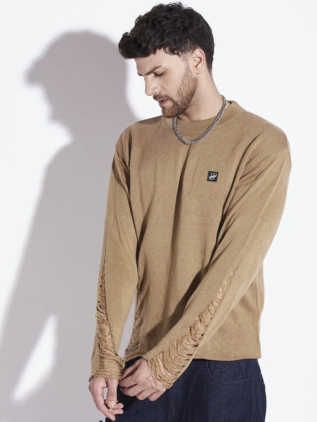 Beige Damaged Raw Edge Sweater