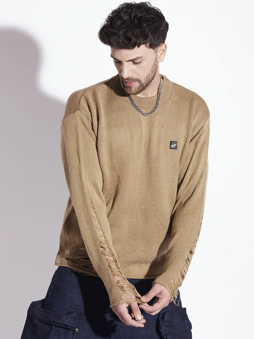 Beige Damaged Raw Edge Sweater