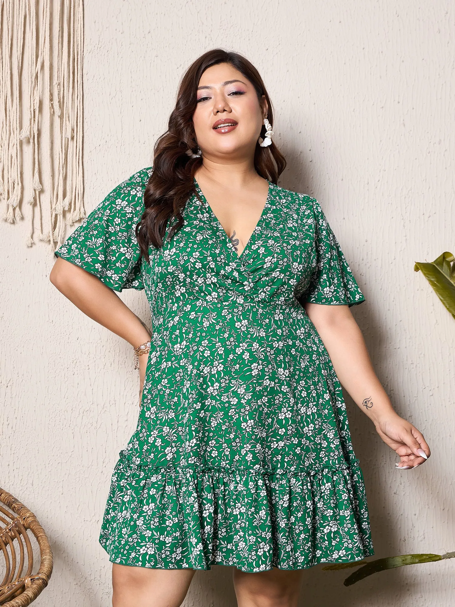 Berrylush Curve Women Green Floral Print V-Neck Fit and Flare Mini Dress