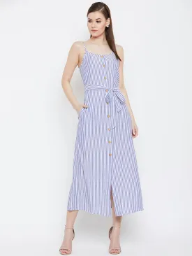 Berrylush Women Blue & White Striped Patterned Round Neck A-Line Waist Tie-Up Midi Dress