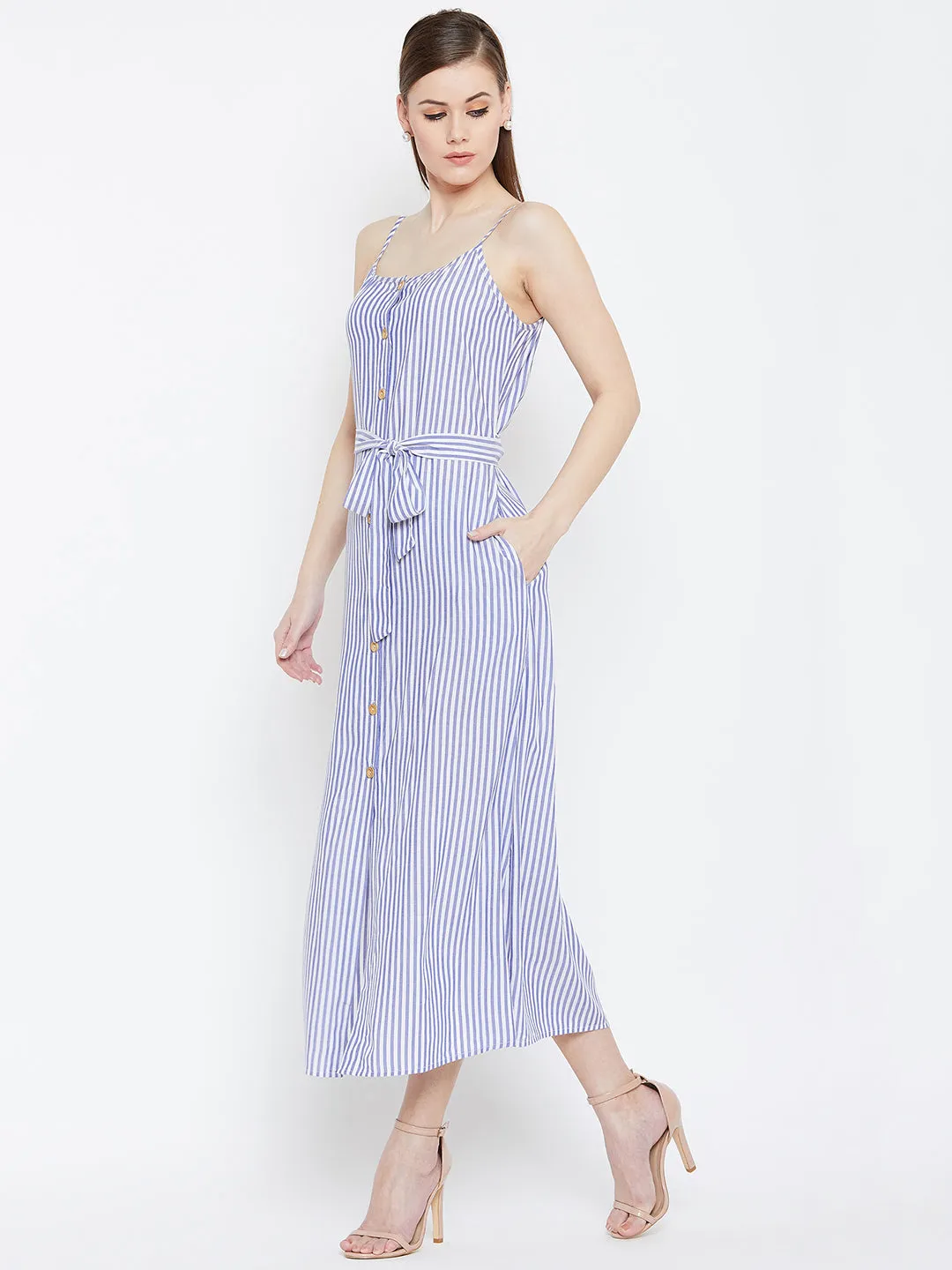 Berrylush Women Blue & White Striped Patterned Round Neck A-Line Waist Tie-Up Midi Dress