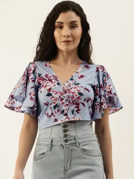 Berrylush Women Blue Floral Printed V-Neck Crepe Crop Top