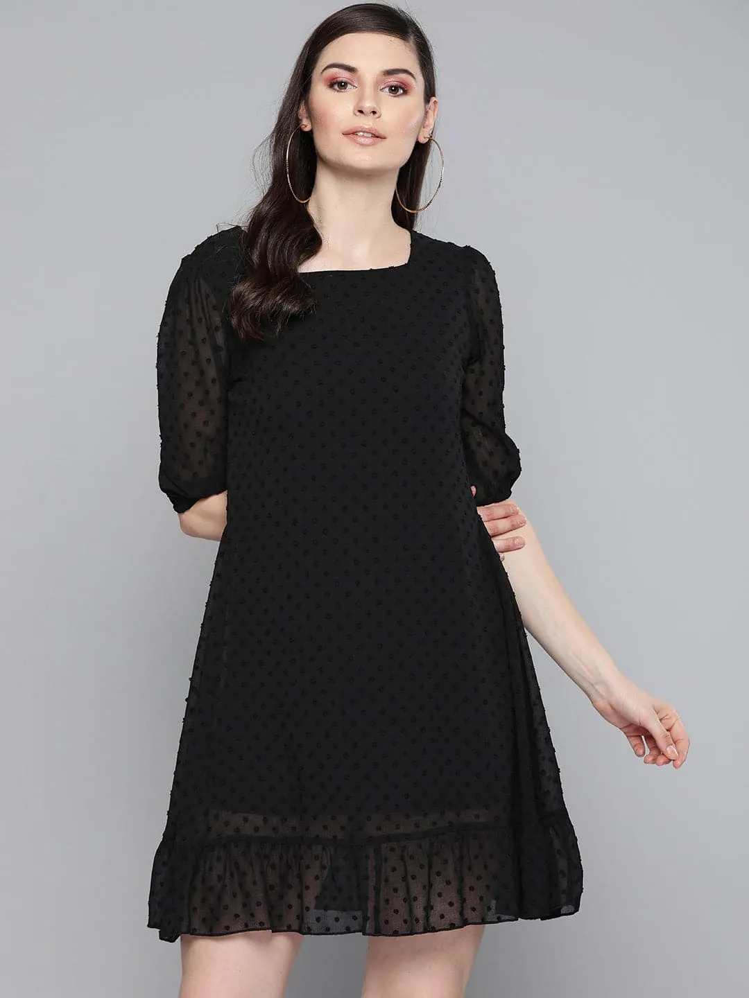 Black Dobby Frill Hem Short Dress