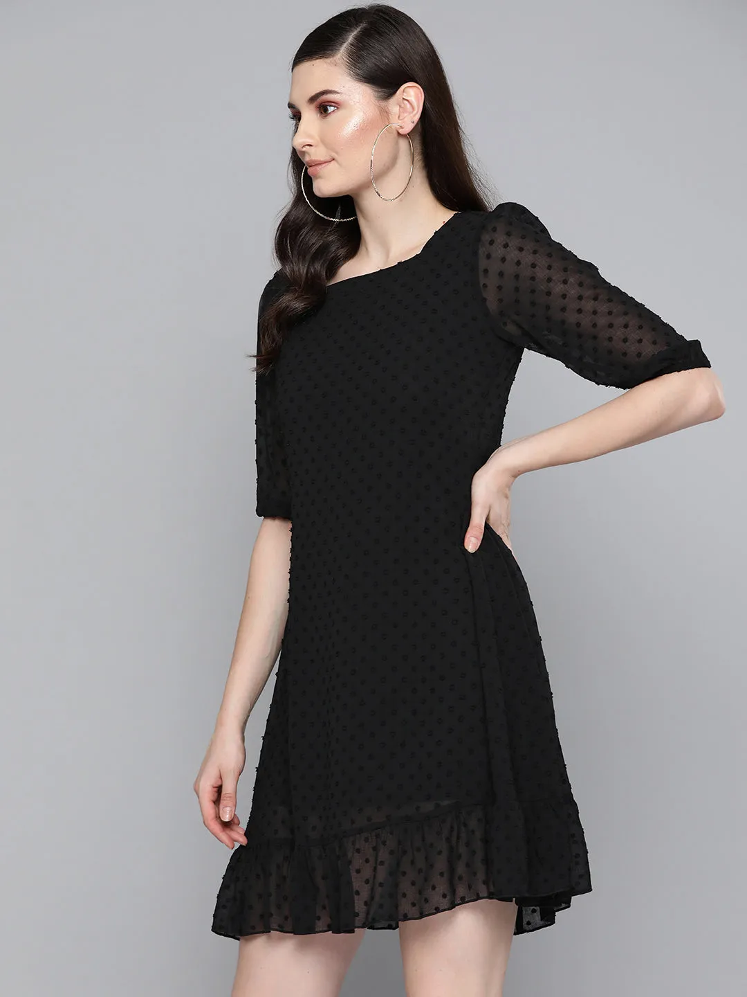 Black Dobby Frill Hem Short Dress