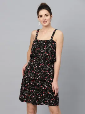 Black Floral Strappy Tiered Dress