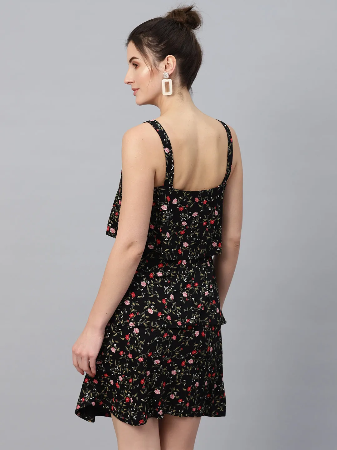 Black Floral Strappy Tiered Dress