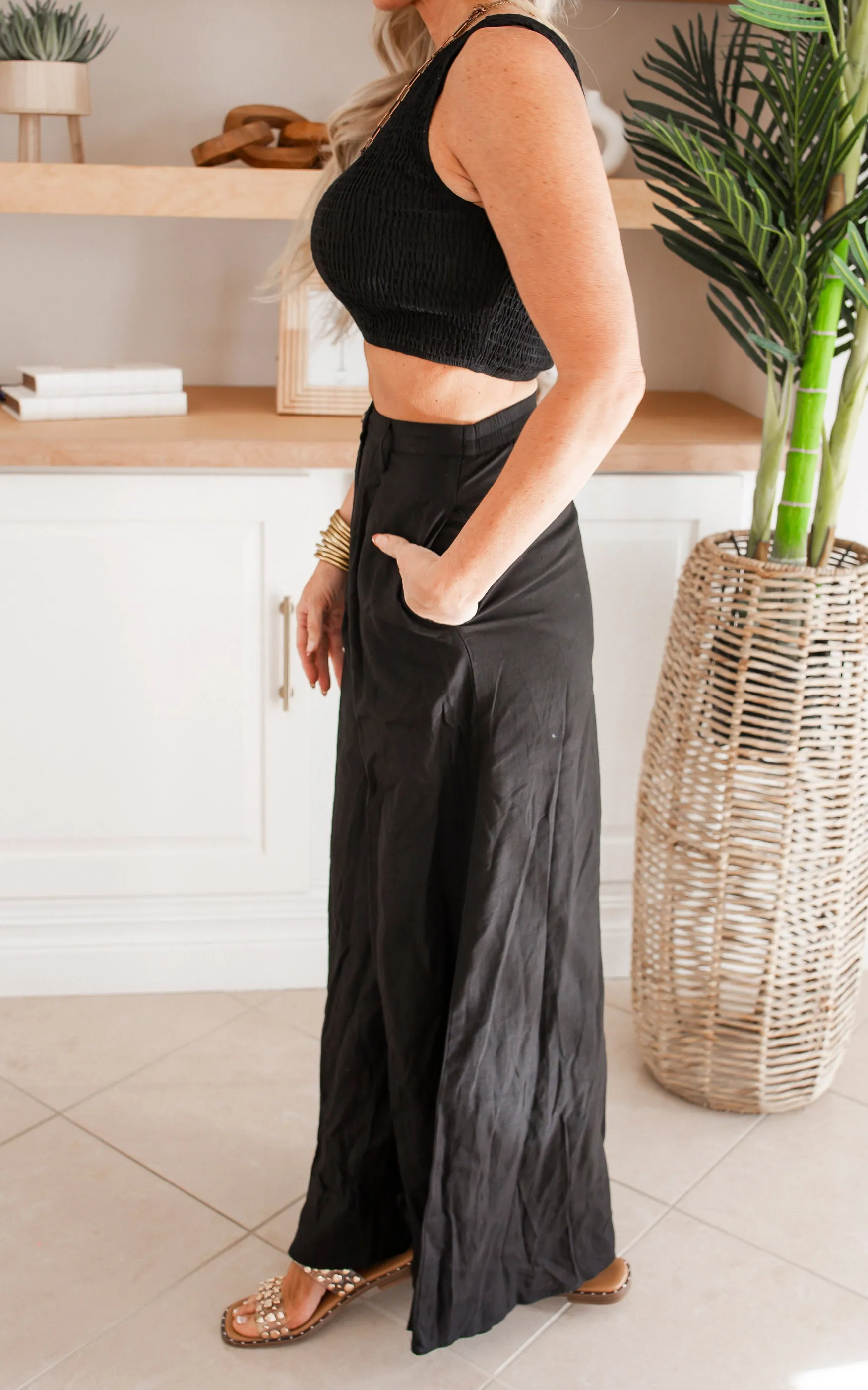 Black One Shoulder Smocked Top And Pants Set - Final Sale