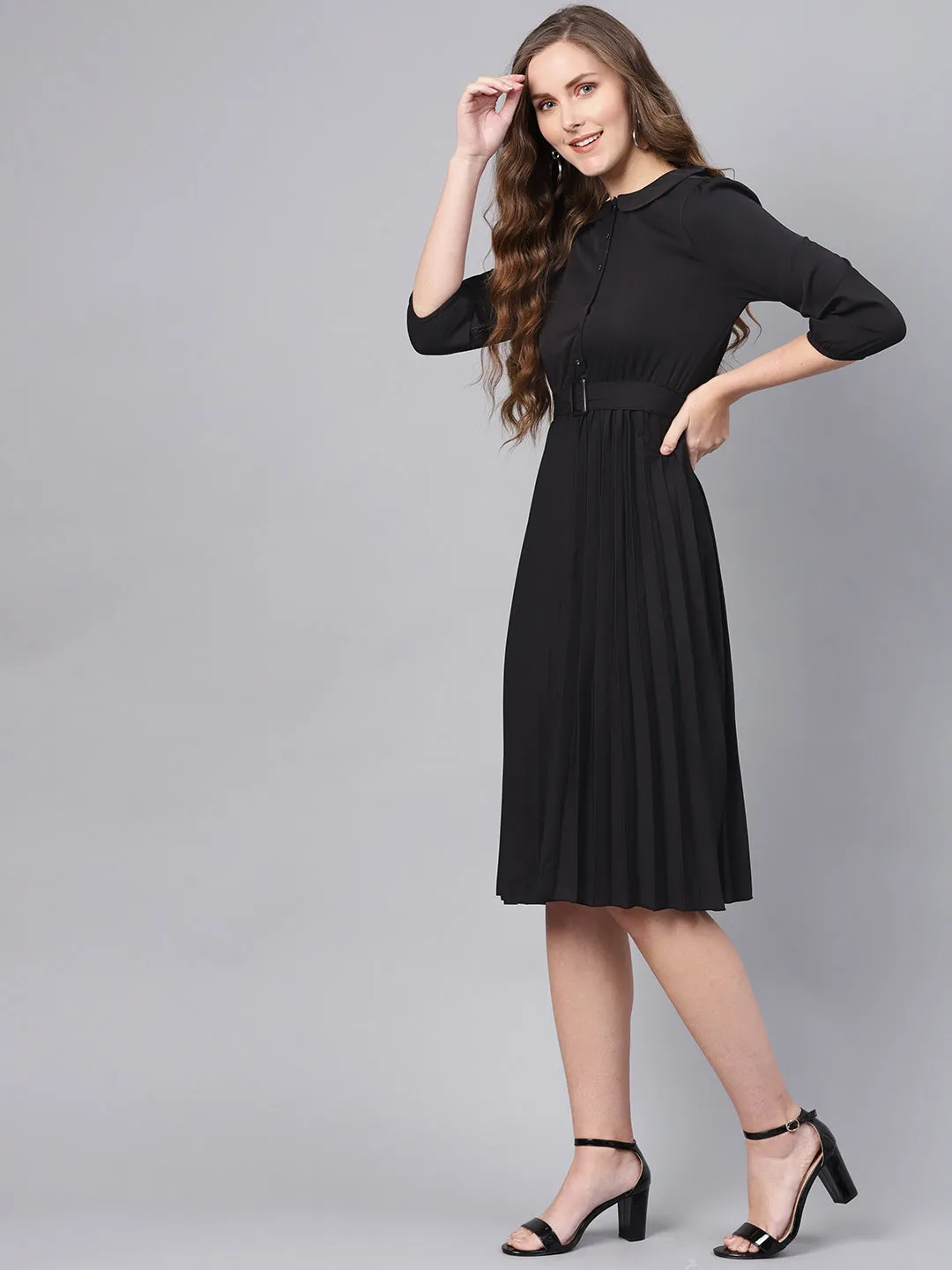 Black Peterpan Belted Pleated Midi Dress