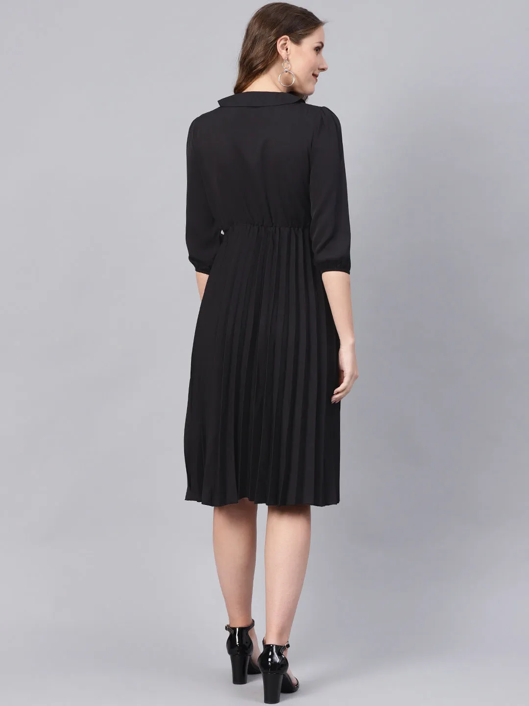 Black Peterpan Belted Pleated Midi Dress