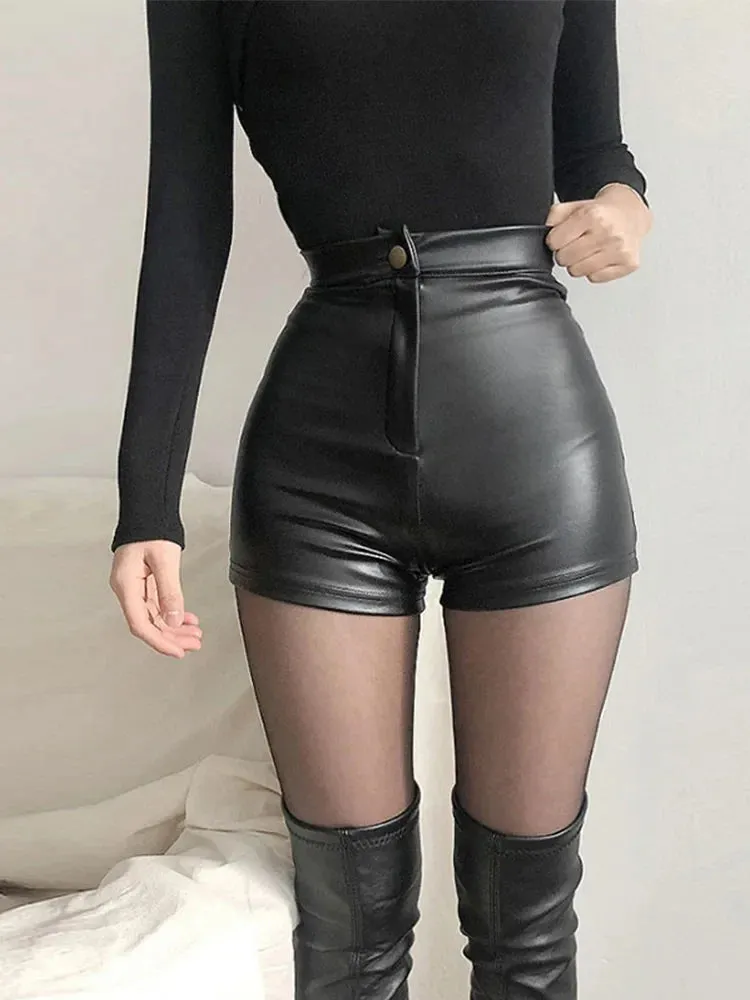 Black PU Fashion Casual Summer Women Clothing Faux Leather Goth High Waisted Womens Y2k Hot Woman Pants Short