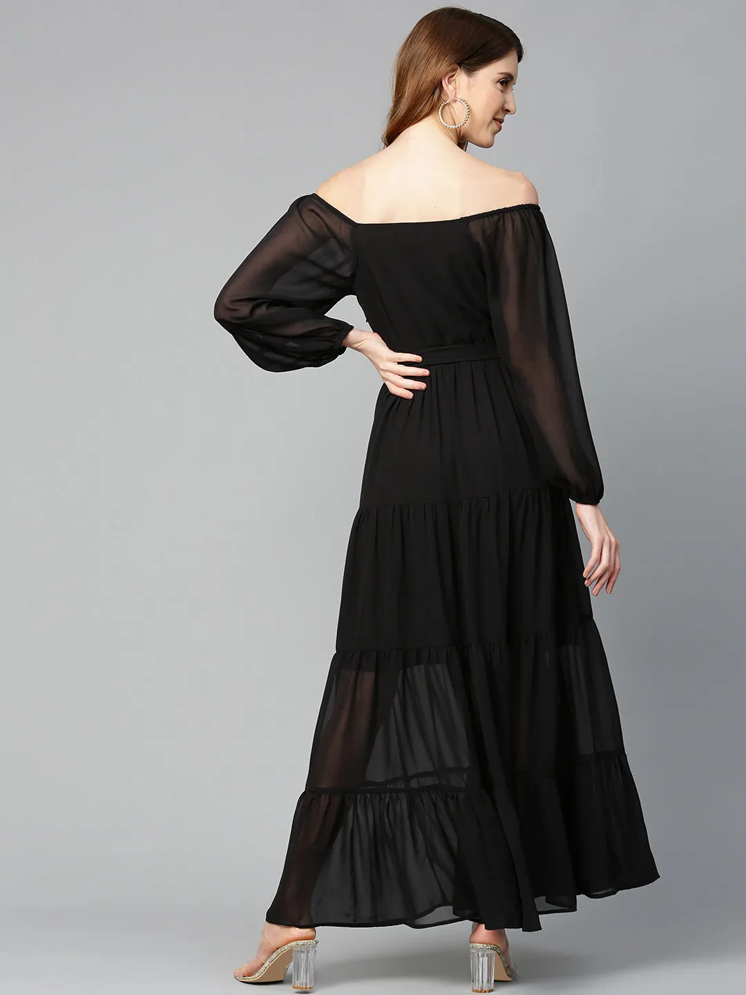 Black Square Neck Tiered Maxi Dress