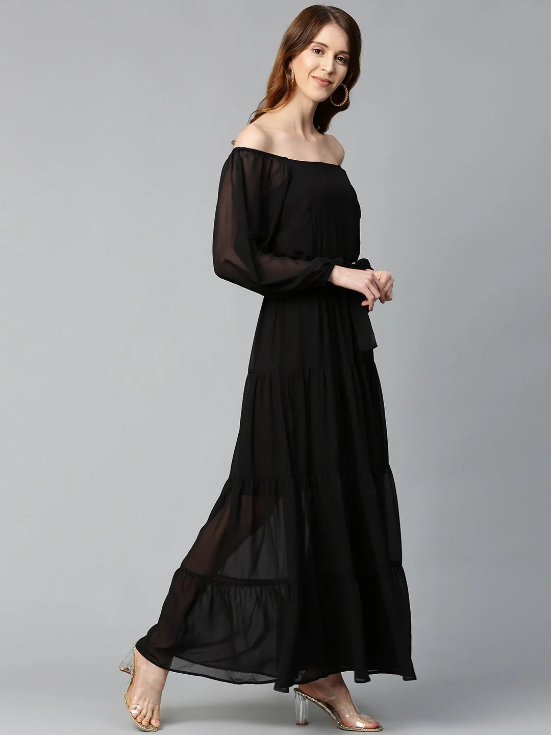 Black Square Neck Tiered Maxi Dress