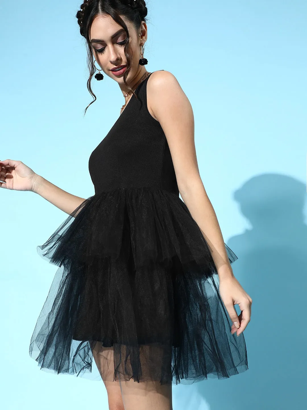 Black Tulle One Shoulder Mini Skater Dress