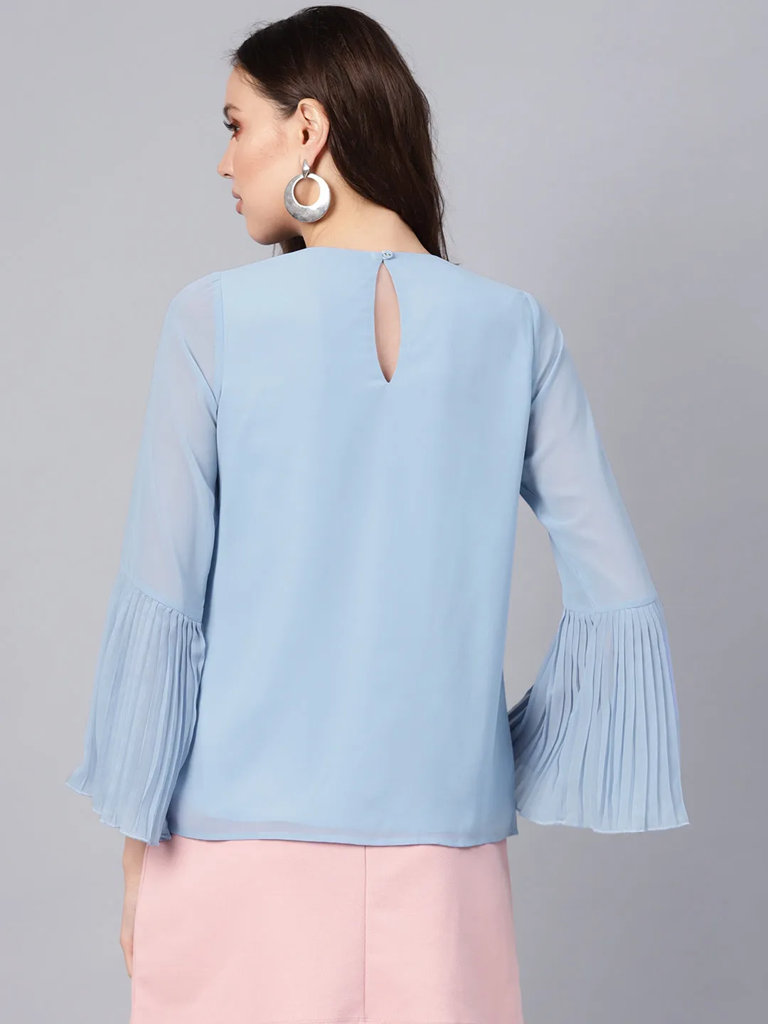 Blue Pleated Sleeve Frill Hem Top