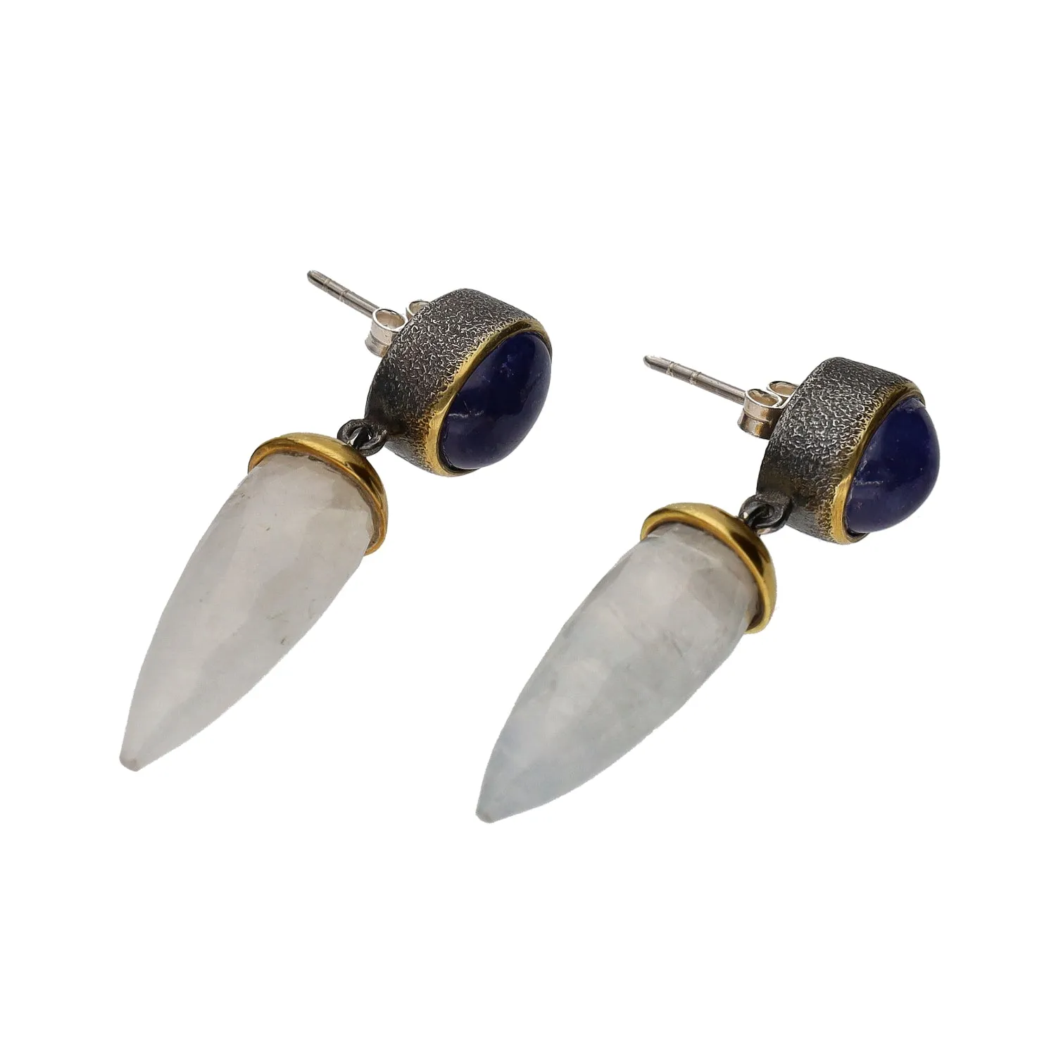 Bora Jewelry of Brooklyn Sterling Silver & Bronze Cabochon Tanzanite & White Quartz Briolettes Drop Earrings