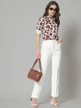 Brown Printed Collared Shirt With White Regular Fit Stretch trouser