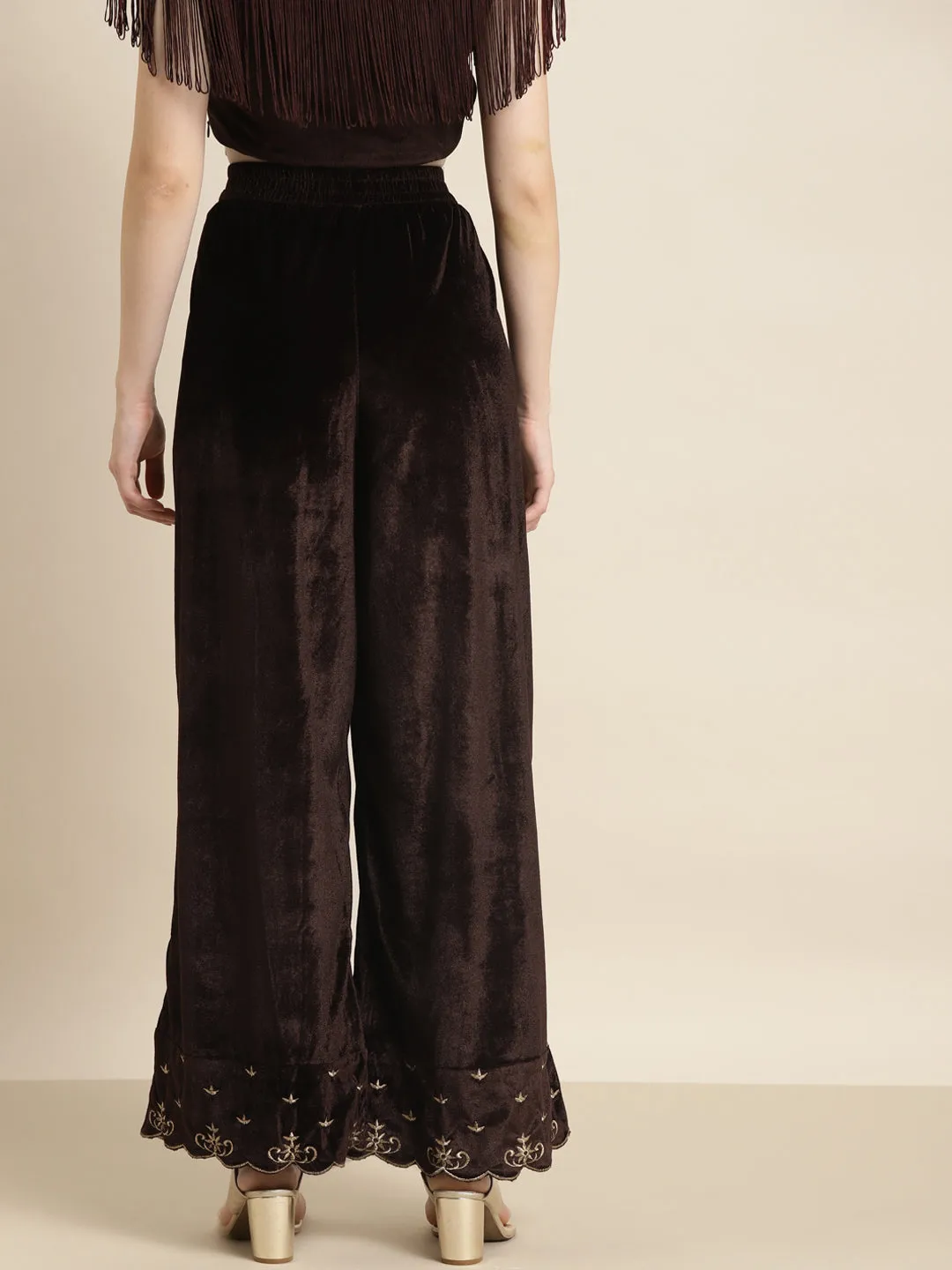 Brown Velvet Embroidered Flared Pants