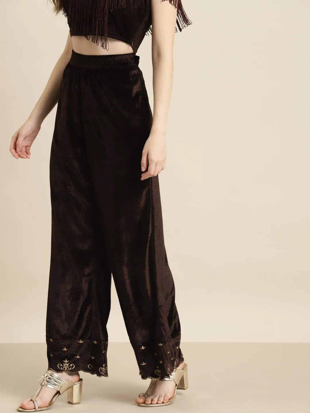 Brown Velvet Embroidered Flared Pants