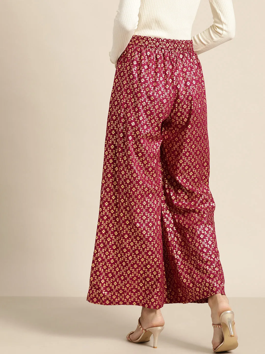 Burgundy Foil Print Flared Liva Pants