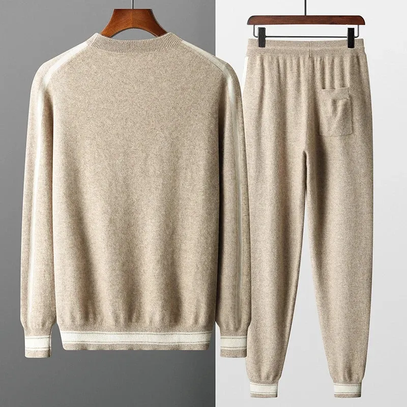 Cashmere Two-Piece Men'S Knitting round Neck Pullover Autumn Winter Thickened Slim-Fit Pants Color Contrast Warm Suit