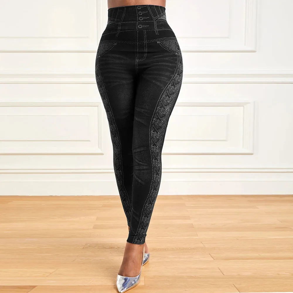 Casual Plus Size Faux Denim Skinny Pants Bottom