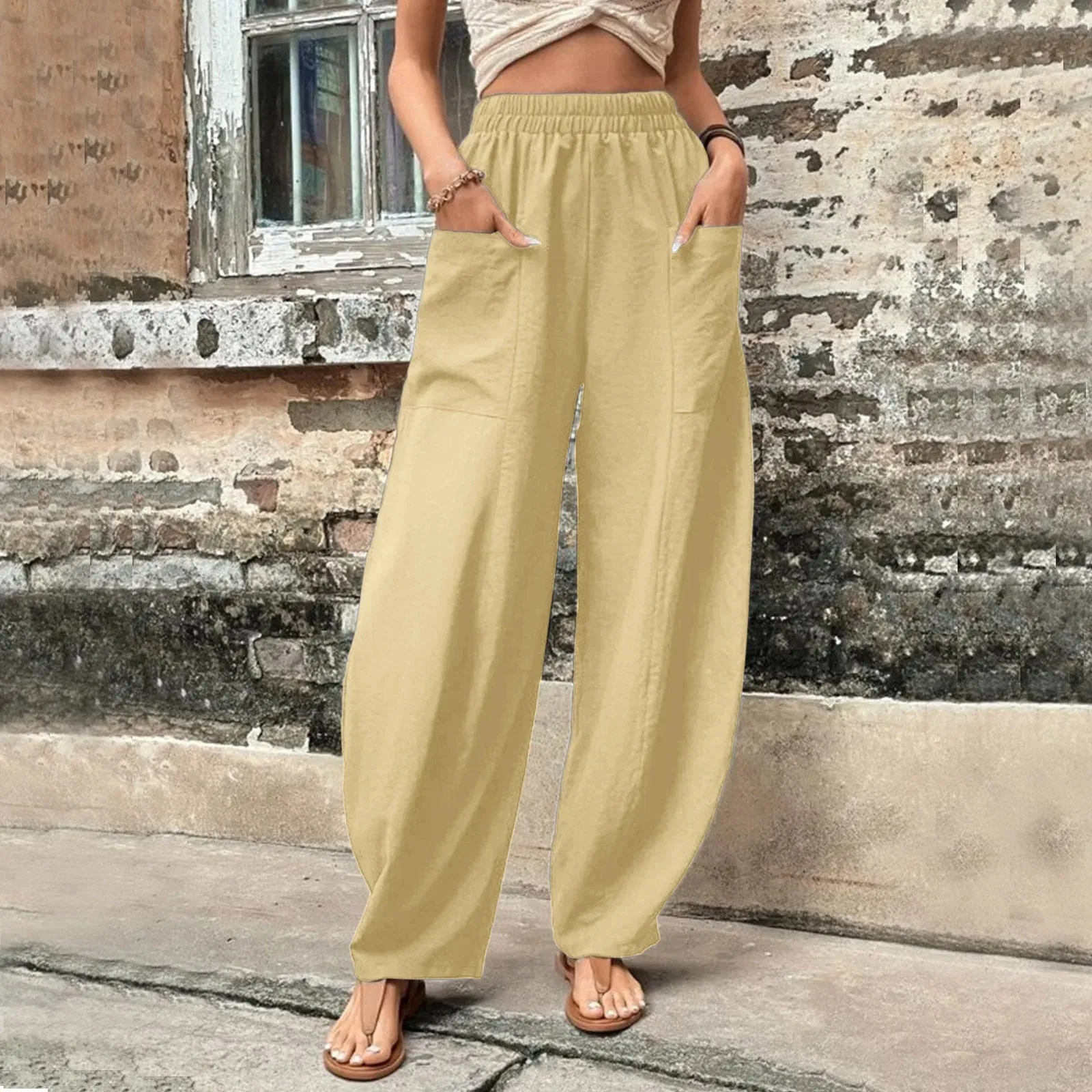 Color Cotton Hemp Elastic Waist Wide-leg Pants