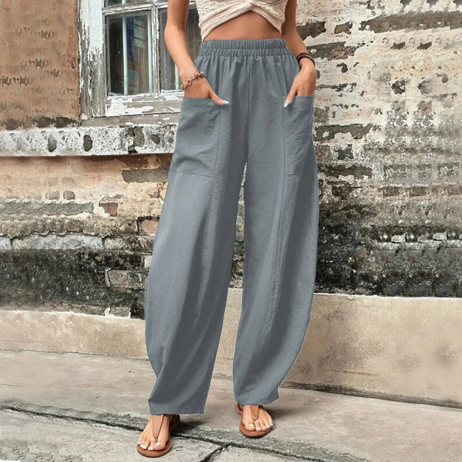 Color Cotton Hemp Elastic Waist Wide-leg Pants