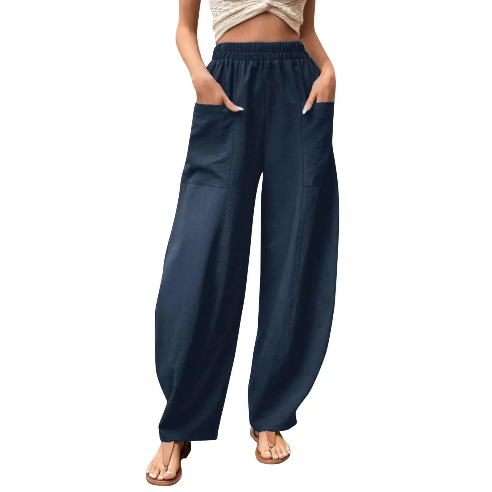 Color Cotton Hemp Elastic Waist Wide-leg Pants