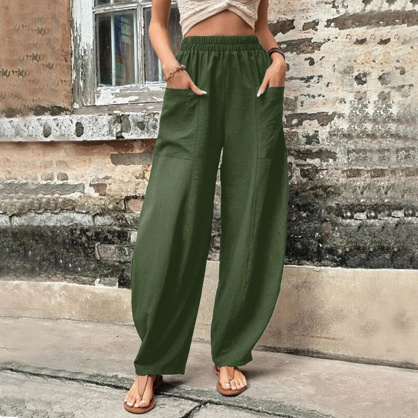 Color Cotton Hemp Elastic Waist Wide-leg Pants