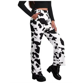 Cow Print Jeans Women Y2k Casual High Waisted Pants Capris Harajuku 90s Black Long Trousers Ladies Street Jeans Pants