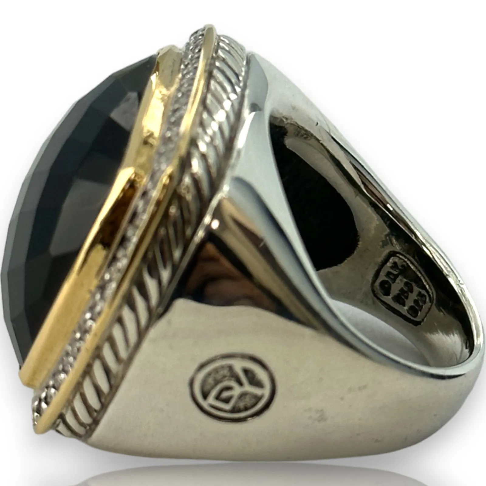 David Yurman DY 925 Sterling Silver and 18kt Yellow Gold Onyx 20mm Albion Ring with Diamond Halo Size 7.5