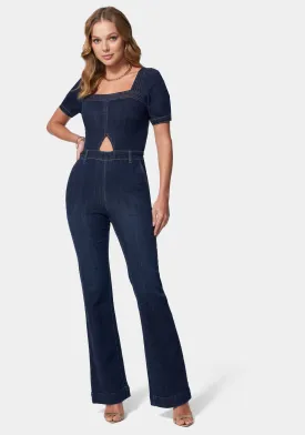 Denim Cut Out Detail Wide Leg Jumpsuit