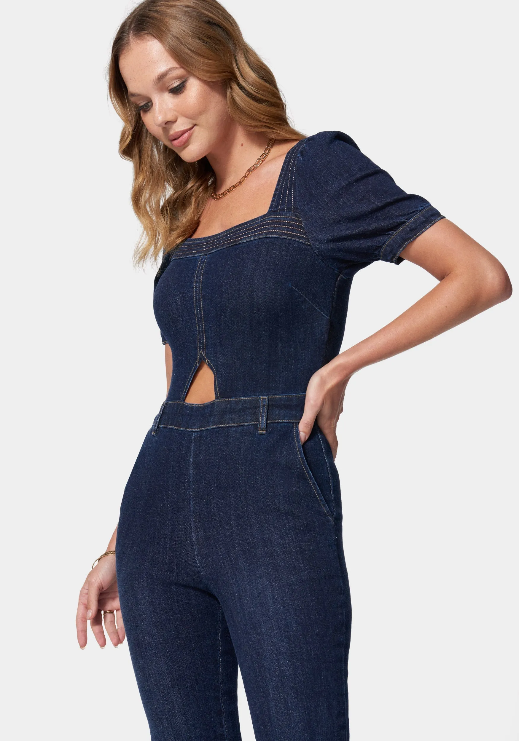 Denim Cut Out Detail Wide Leg Jumpsuit