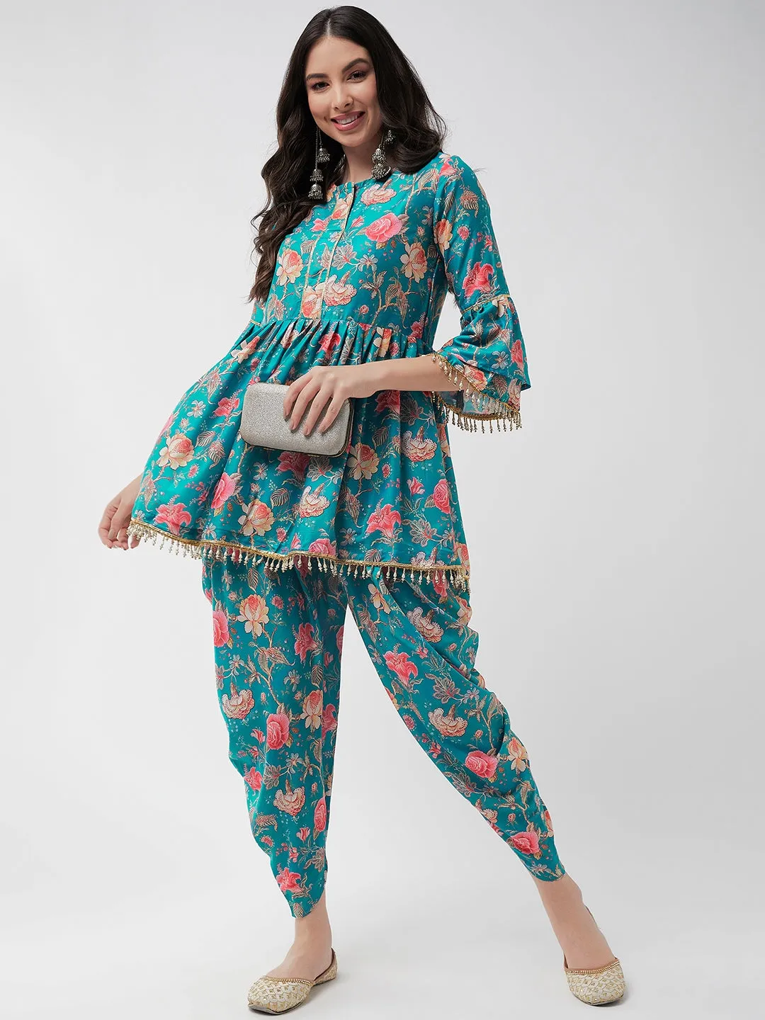 Digital Printed Short Empire-Cut Kurta With Drop Lace Details And Dhoti Pant Set