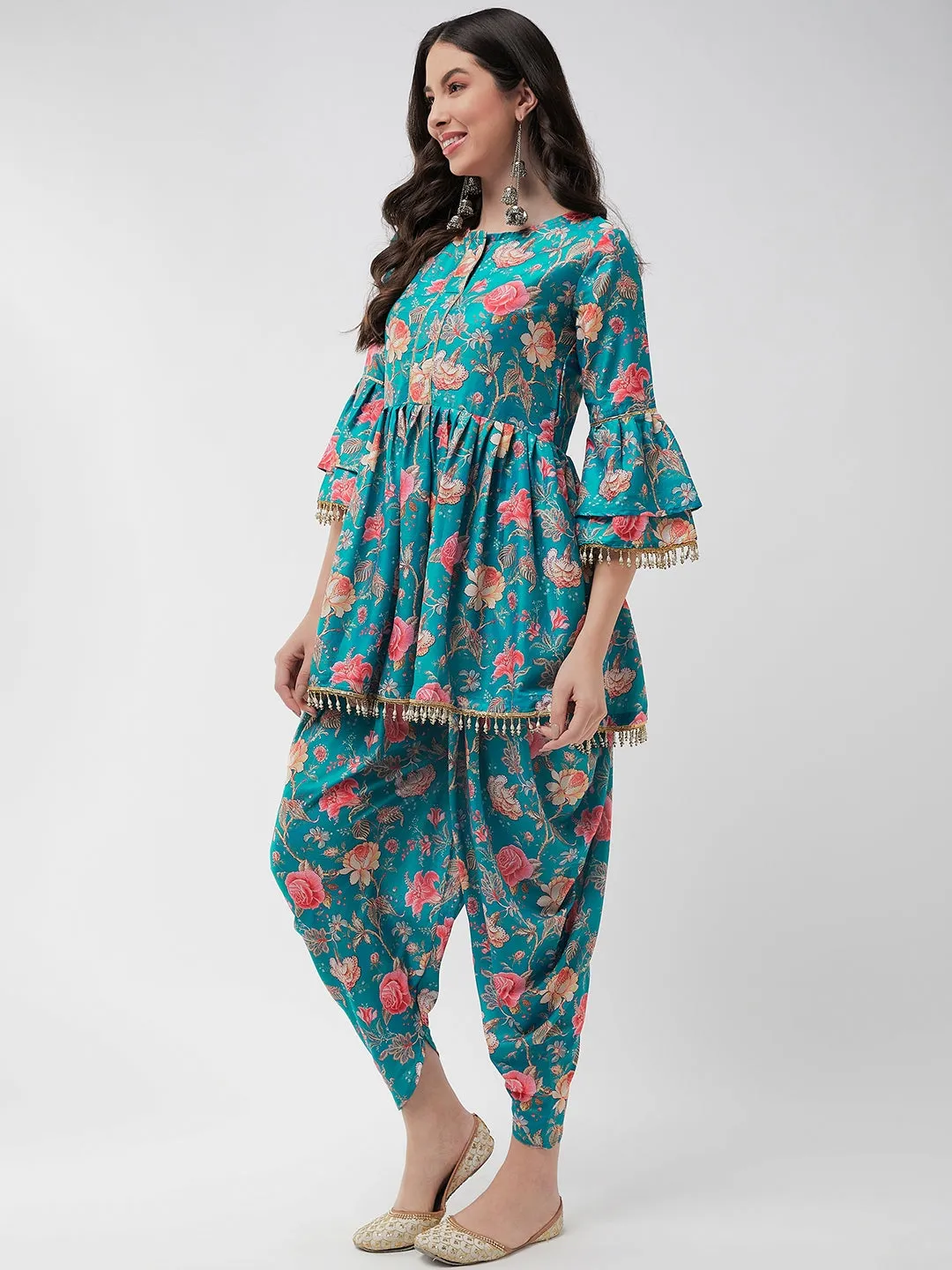 Digital Printed Short Empire-Cut Kurta With Drop Lace Details And Dhoti Pant Set