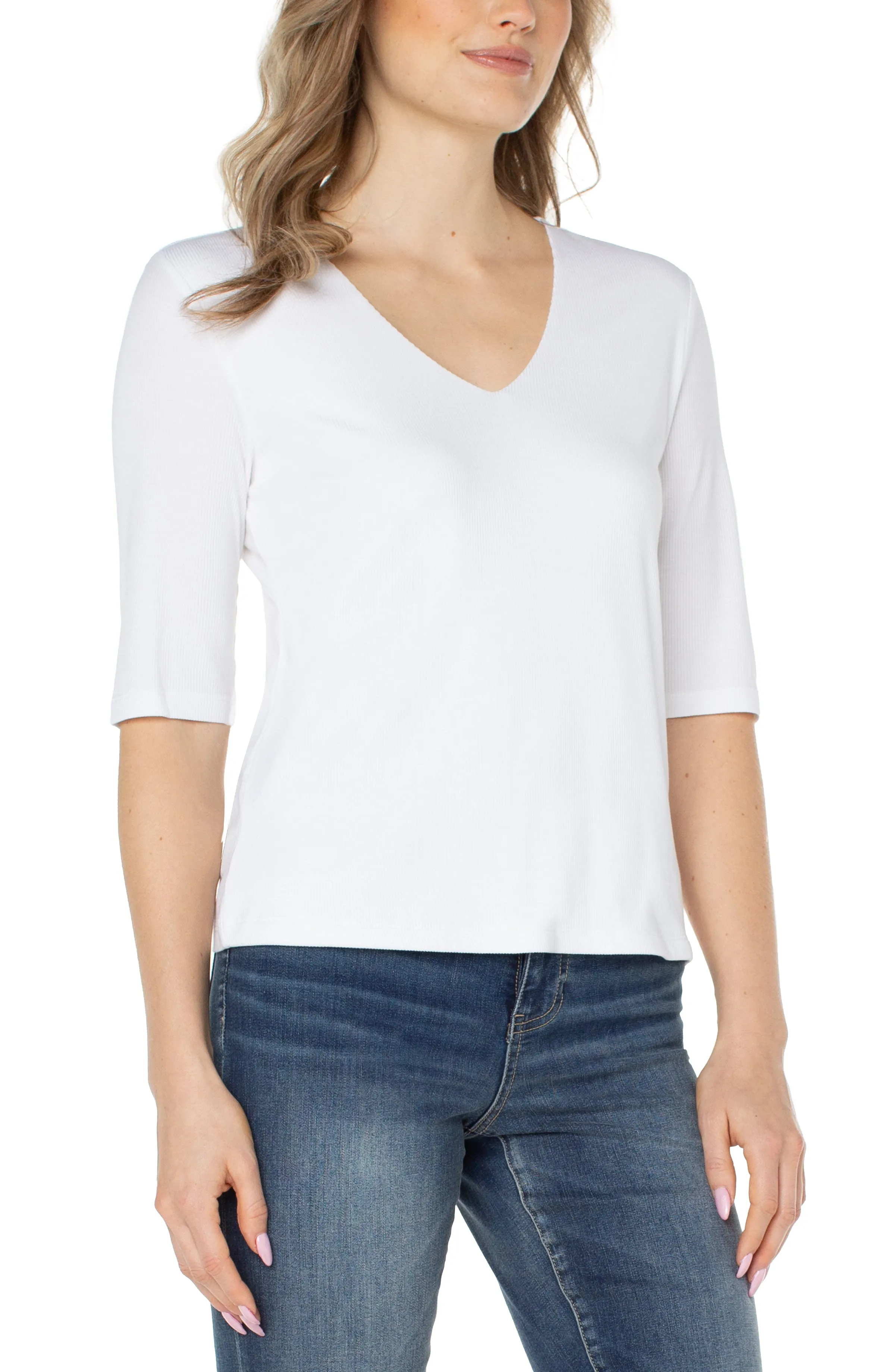 DOUBLE LAYER V-NECK RIB KNIT TOP