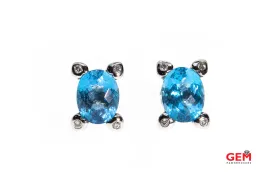 Effy BH Natural Oval Blue Topaz Diamond Accent Studs 14K 585 White Gold Earrings